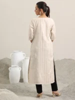 Off White Embellished Cotton Straight Kurta - Image 3