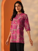 Pink Printed Silk Blend Straight Short Kurti - Image 3