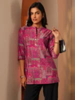 Pink Printed Silk Blend Straight Short Kurti - Image 2