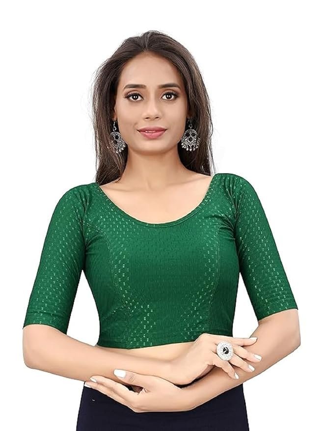 61-8Q4yzMhL._SY879_.jpg Round Neck Dobby Cotton Lycra Stretchable Elbow Half Sleeve Readymade Saree Blouse for Women Stylish - Image 1