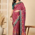Pink Woven Viscose Saree with Unstitched Blouse