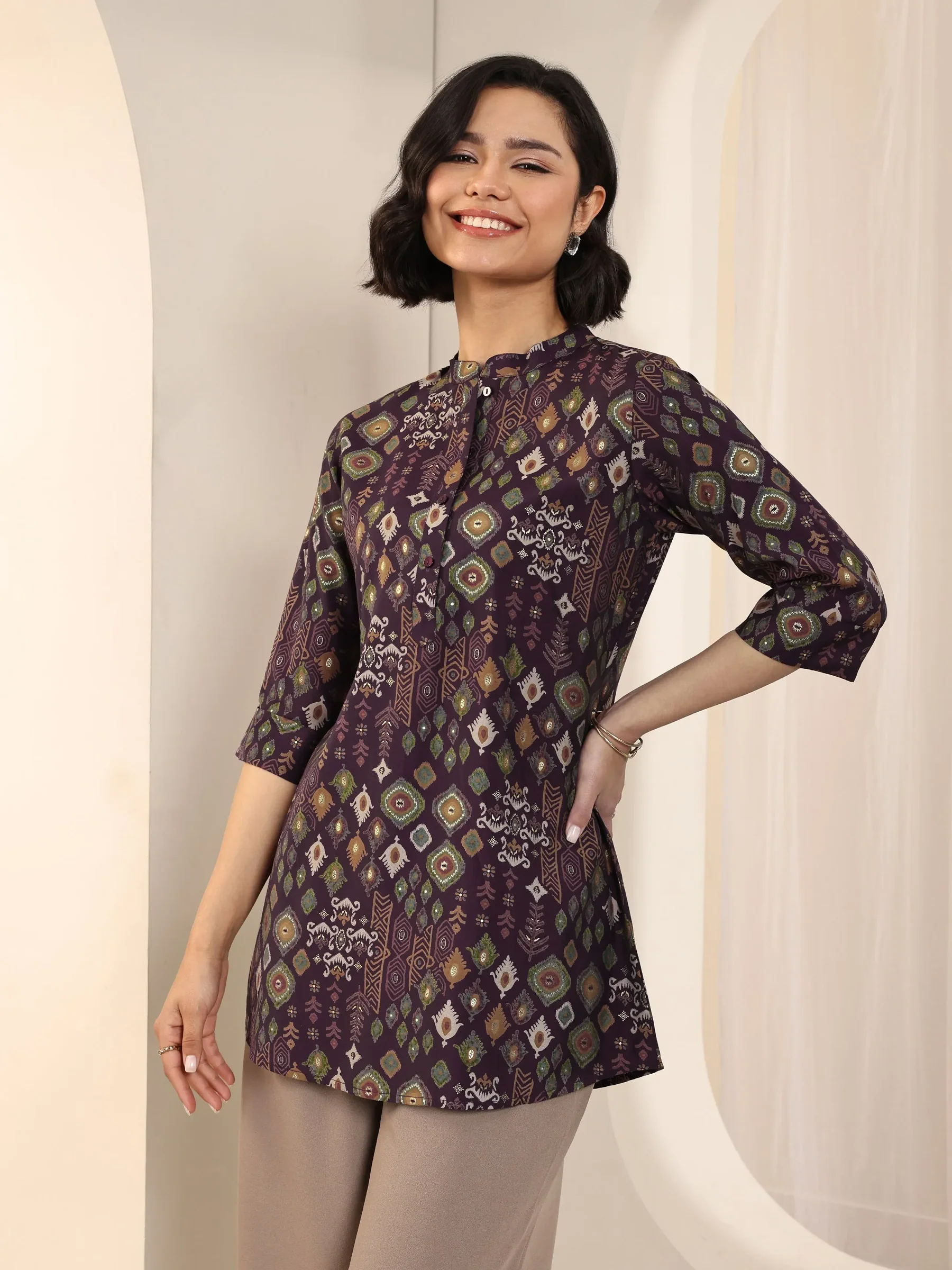 98160_2.webp Burgundy Printed Silk Blend Straight Short Kurti - Image 1