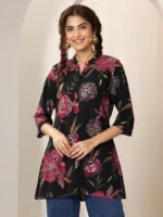 Black Printed Silk Blend Straight Short Kurti - Image 5
