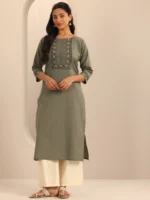 Taupe Printed Cotton Blend Straight Kurta - Image 3