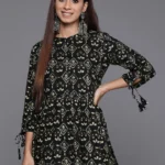 Black Printed Rayon A-Line Kurti